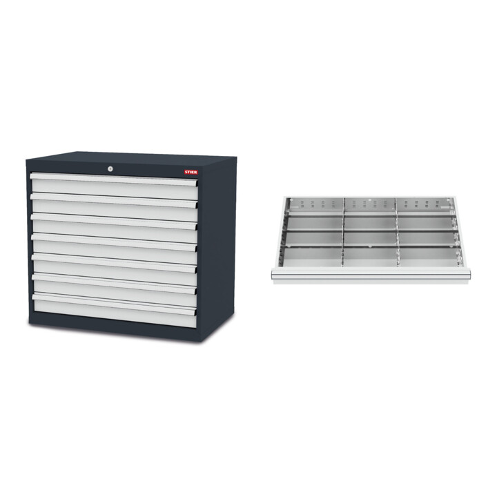 Set STIER Schubladenschrank 7 Schubladen + Metalleinteilung 12 Fächer
