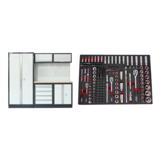 Set STIER Werkstatteinrichtung Basic 3-teilig mit Lochwand und Multiplex-Arbeitsplatte BxTxH 2275x460x2000mm + Steckschlüssel-Satz 1/4'' 3/8'' 1/2'' 179-teilig in Weichschaumeinlage (EVA)