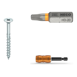 Set HECO-TOPIX-plus 4,0 x 50, Senkkopf, HECO-Drive, TG, A2K + Bits, HECO-Drive, HD-20 + ClicFix Schnellwechselhalter