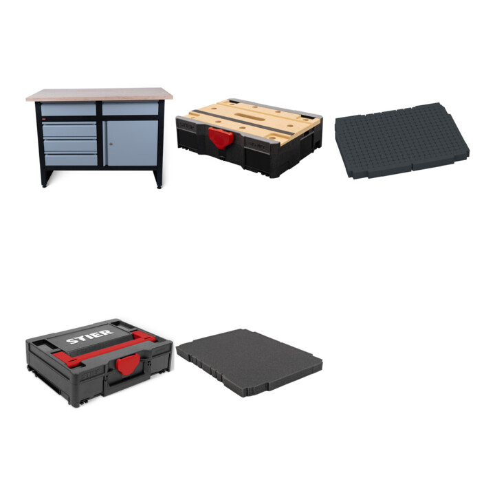 Set STIER Établi Basic 5 tiroirs + STIER Systainer® I Black Edition + STIER Coussin de sol pour Systainer® + STIER Systainer® T-LOC MFT BLACK-Edition + STIER Coussin d’appui 25 mm à grille pour Systainer®