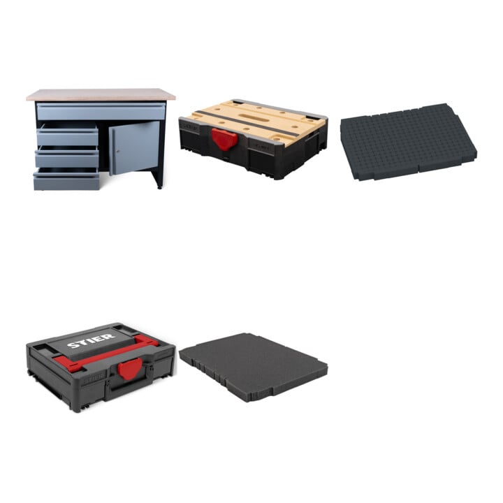 STIER Werkbank Basic 4 Schubladen und 1 Tür HxBxT 1200x840x600 mm leer + STIER Systainer³ I Black Edition + STIER Bodenpolster für Systainer³, T-Loc, Classic + STIER Systainer® T-LOC MFT BLACK-Edition + STIER Würfelpolster 25 mm Raster für Systainer