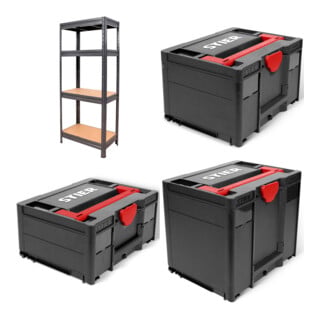 Set STIER Schwerlast-Fachbodenregal Fachlast 600kg + STIER Systainer II Black Edition + STIER Systainer III Black Edition + STIER Systainer IV Black Edition