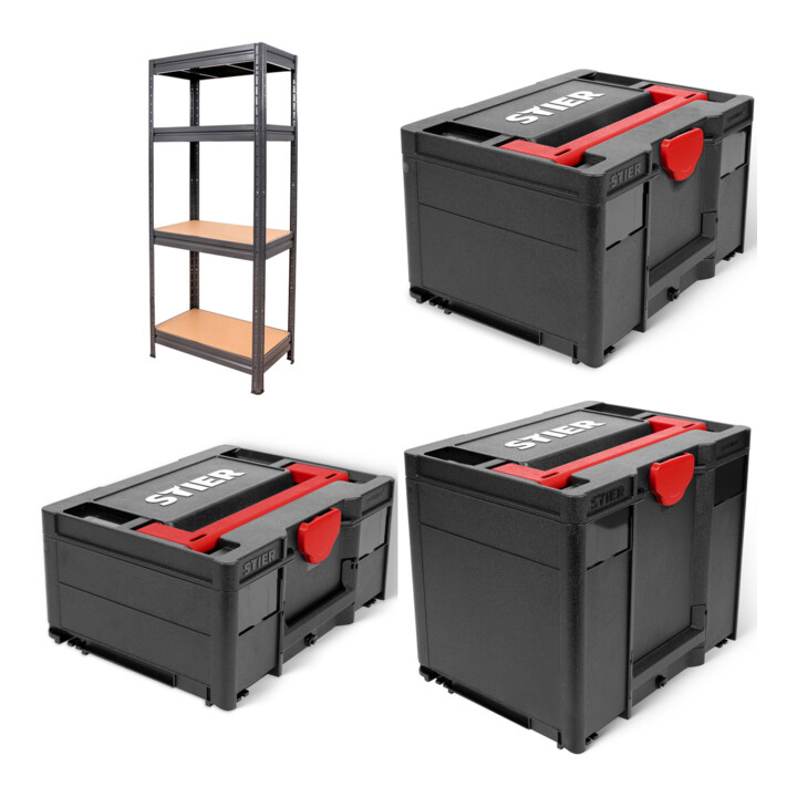 Set STIER Étagère à tablettes lourdes charge 600 kg + STIER Systainer II Black Edition + STIER Systainer III Black Edition + STIER Systainer IV Black Edition
