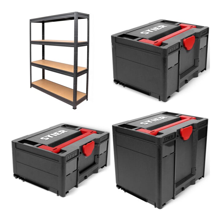 STIER Schwerlast-Fachbodenregal Fachlast 600kg HxBxT 1770x1200x450 mm + STIER Systainer³ II Black Edition + STIER Systainer³ III Black Edition + STIER Systainer³ IV Black Edition