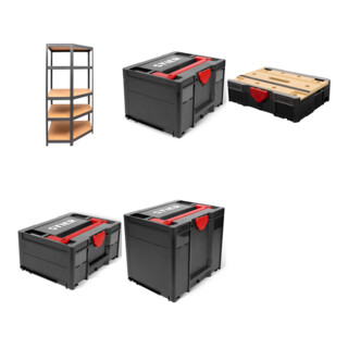 Set STIER Eck-Fachbodenregal Fachlast 250kg + STIER Systainer II Black Edition + STIER Systainer III Black Edition + STIER Systainer IV Black Edition + STIER Systainer T-LOC MFT BLACK-Edition