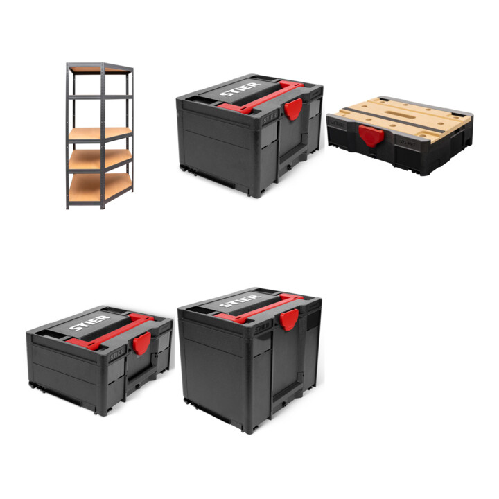 STIER Eck-Fachbodenregal Fachlast 250kg HxBxT 1800x900x450 mm + STIER Systainer³ II Black Edition + STIER Systainer³ III Black Edition + STIER Systainer³ IV Black Edition + STIER Systainer® T-LOC MFT BLACK-Edition