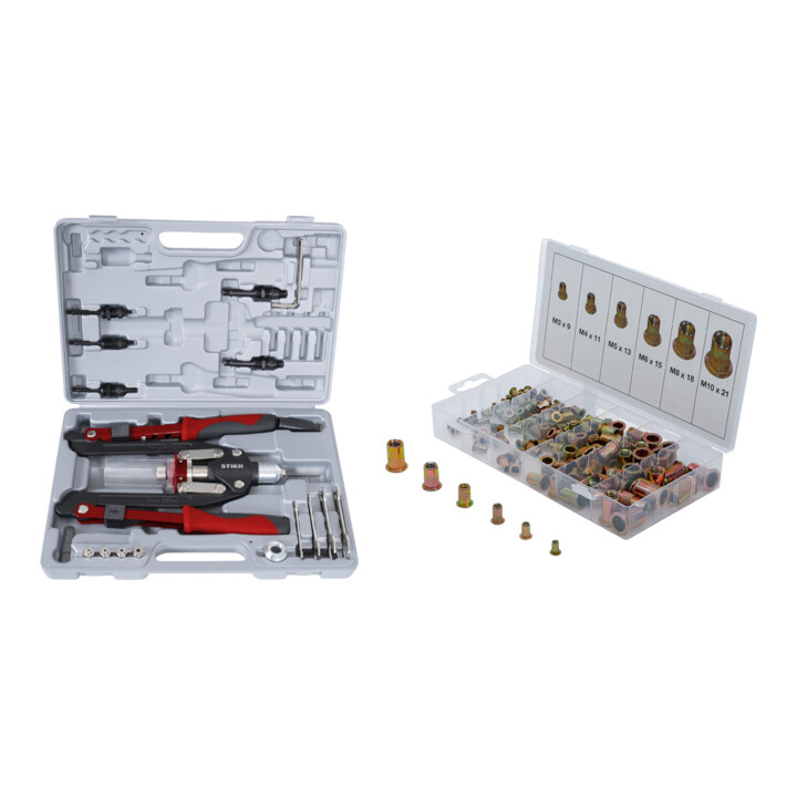 Set STIER Nietzangen-Satz 11tlg + BGS Nietmuttern-Sortiment Stahl 150tlg
