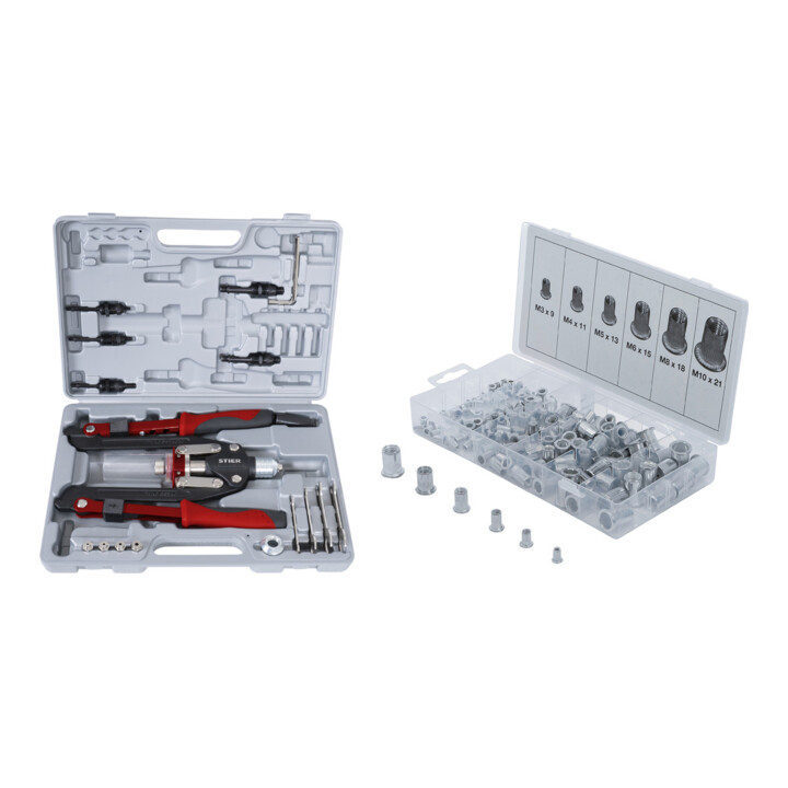 Set STIER Nietzangen-Satz 11tlg + BGS Nietmuttern-Sortiment Alu 150tlg
