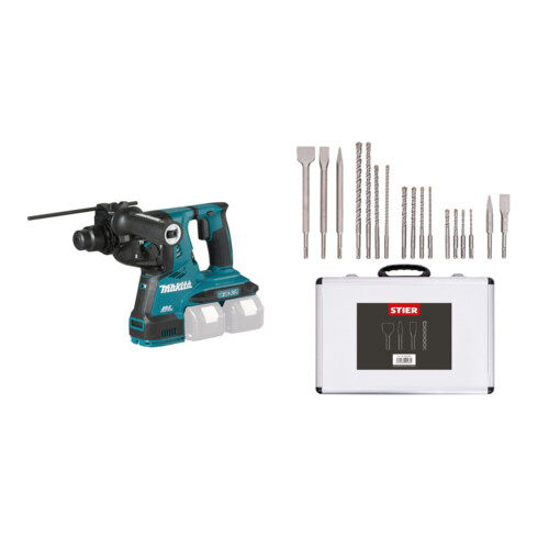 Set Makita Akku-Bohrhammer für SDS-PLUS 2x18 V im MAKPAC + Stier SDS-Plus Bohrer & Meißelsatz, 17-teilig