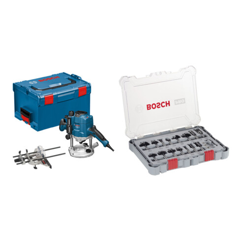 Set BOSCH Oberfräse Holzfräse GOF 1250 CE, mit L-BOXX + Fräser-Set 8-mm-Schaft 15-teilig