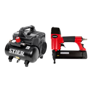 Set STIER Flüsterkompressor FKT 215-8-6 ölfrei + STIER Druckluftnagler SKN-15/50 für Stauchkopfnägel 15-50 mm