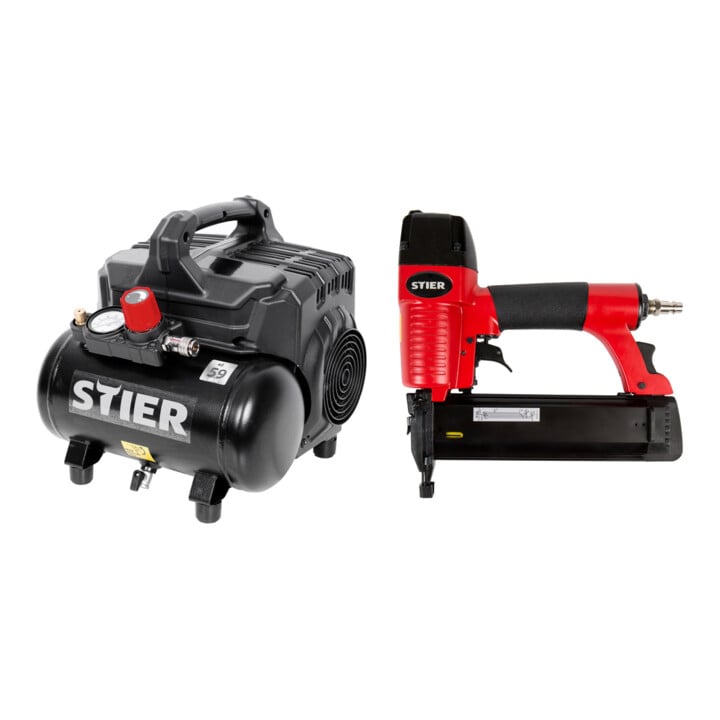STIER Flüsterkompressor FKT 215-8-6 ölfrei + STIER Druckluftnagler SKN-15/50 für Stauchkopfnägel 15-50 mm