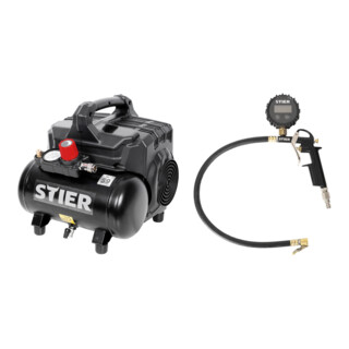 Set STIER Flüsterkompressor FKT 215-8-6 ölfrei + STIER Reifenfüll-Messgerät digital SRFD-12B