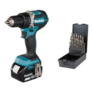 Set MAKITA Akku-Bohrschrauber 18 V / 5,0 Ah mit 2 Akkus und Ladegerät im MAKPAC - DDF484RTJ + Stier Spiralbohrer-Set Premium DIN 338 HSS-Co8 1-10mm 25-teilig in Kassette