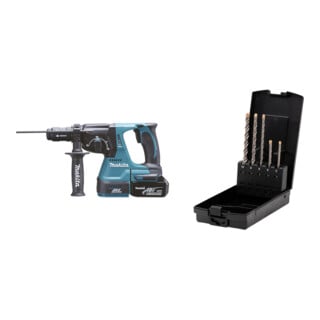 Set MAKITA Akku-Kombihammer f. SDS+ 18 V / 5,0 Ah DHR243RTJ + STIER Hammerbohrer-Set Premium SDS-plus 5-teilig