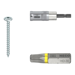 Set Heco HECO-TOPIX-plus 6,0 x 40, Tellerkopf, T-Drive, VVG, A2K + Bits, HECO-Drive, HD-30, Farbring: gelb + MagicFlip Magnetbithalter