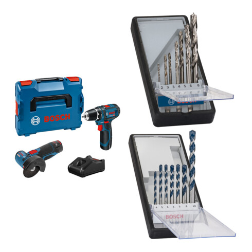 Set Bosch Combo Kit Set mit 2 12V-Werkzeugen: GSR 12V-15\/GWS 12V-76 + 7tlg. Robust Line Holzspiralbohrer-Set + 7tlg. Robust Line Betonbohrer-Set