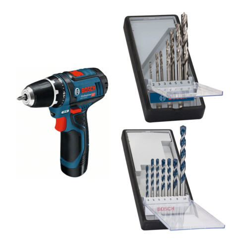 Set Bosch Akku-Bohrschrauber GSR 12V-15 mit 2 x 2,0 Ah Akku + 7tlg. Robust Line Holzspiralbohrer-Set + 7tlg. Robust Line Betonbohrer-Set