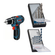 Set Bosch Akku-Bohrschrauber GSR 12V-15 mit 2 x 2,0 Ah Akku + 7tlg. Robust Line Holzspiralbohrer-Set + 7tlg. Robust Line Betonbohrer-Set