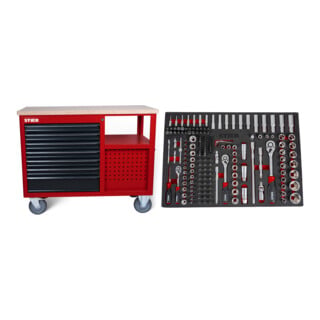 Set STIER Fahrbare Werkbank 7 Frontschubladen und 5 Seitschubladen leer + STIER Steckschlüssel-Satz 1/4'' 3/8'' 1/2'' 179-teilig in Weichschaumeinlage (EVA)
