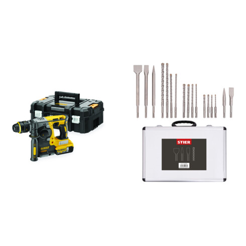Set DeWalt Akku-Kombihammer 18,0 Volt 5,0 Ah Li-Ion + Stier SDS-Plus Bohrer & Meißelsatz 17-teilig