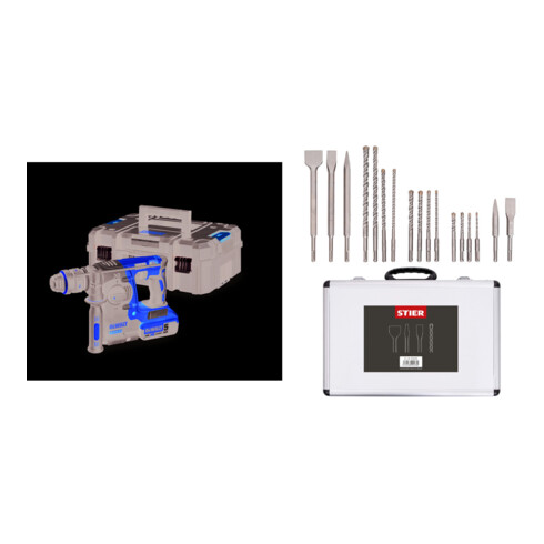 Set DeWalt Akku-Kombihammer 18,0 Volt 5,0 Ah Li-Ion + Stier SDS-Plus Bohrer & Meißelsatz 17-teilig