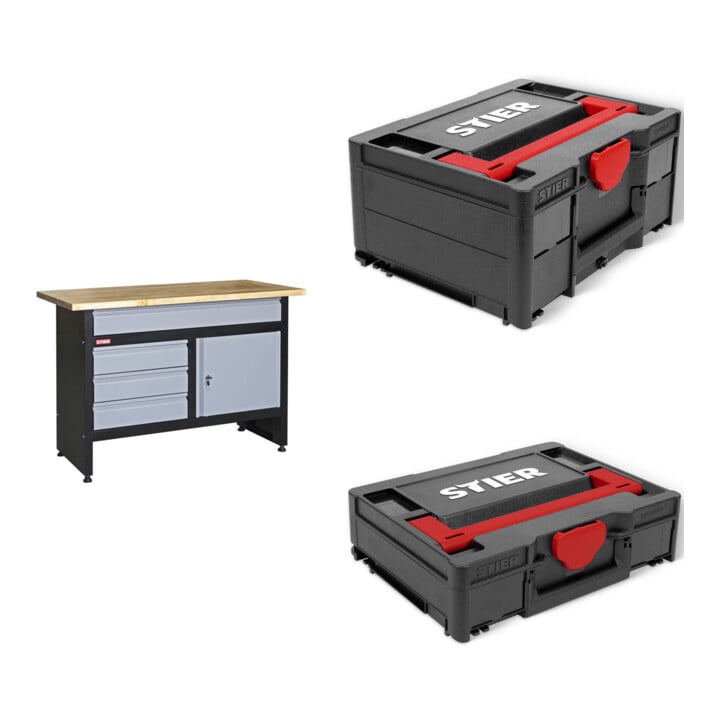 STIER Werkbank Basic+ BxTxH 1200x600x840 mm + STIER Systainer³ I Black Edition + STIER Systainer³ II Black Edition