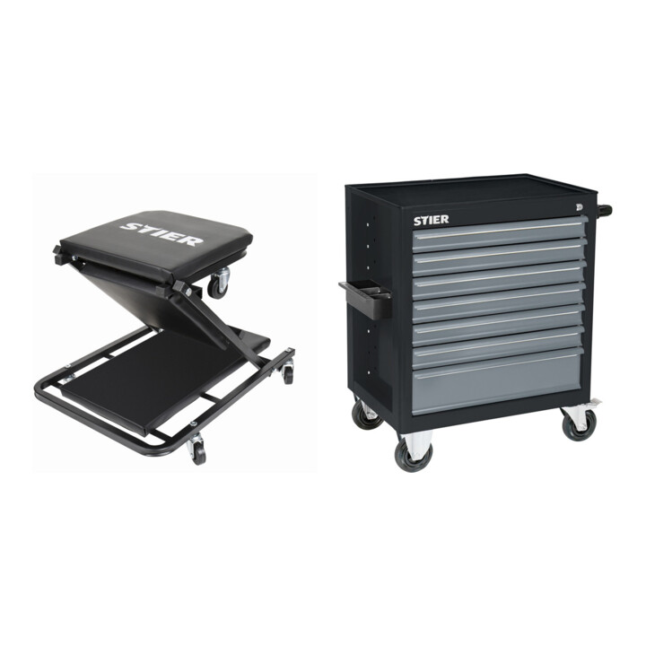 Set STIER Werkstatt-Rollliege und -Sitz 2in1 Multi+ + Werkstattwagen leer BLACK-Edition