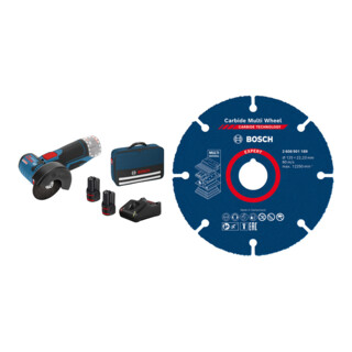 Set Bosch Akku-Winkelschleifer GWS 12V-76 mit 2 x 2,0 Ah Li-Ion Akku + EXPERT Carbide Multi Wheel Trennscheibe, 125 mm
