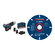 Set Bosch Akku-Winkelschleifer GWS 12V-76 mit 2 x 2,0 Ah Li-Ion Akku + EXPERT Carbide Multi Wheel Trennscheibe, 125 mm