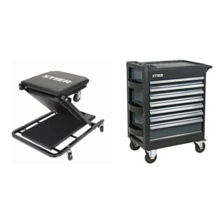 Set STIER Werkstatt-Rollliege und -Sitz 2in1 Multi+ + Werkstattwagen Premium leer