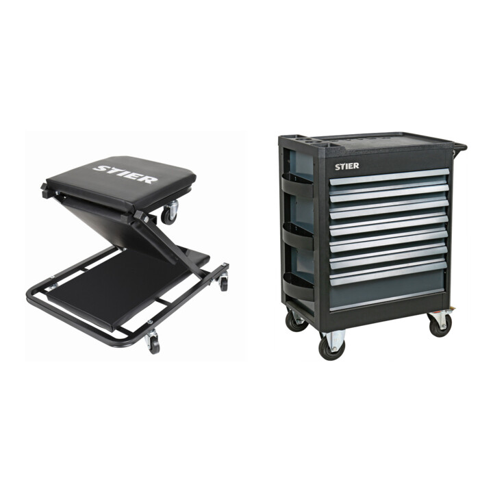 Set STIER Werkstatt-Rollliege und -Sitz 2in1 Multi+ + Werkstattwagen Premium leer