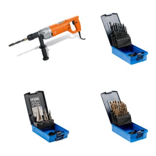 Set Fein Handbohrmaschine BOS 16-2 + PFERD TOOLS Stufenbohrer-Set HSS 3-tlg. + PFERD TOOLS Spiralbohrer-Set 25-tlg. STEEL HSSG N DIN 338 universal + PFERD TOOLS Spiralbohrer-Set 25-tlg. INOX HSSE N DIN 338 für zähe und harte Werkstoffe