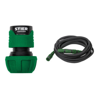 Set STIER Schlauchverbinder Wasserstop 16-19mm (5/8-3/4 Zoll) + flexibler Gartenschlauch Premium 7,5m bis 15m