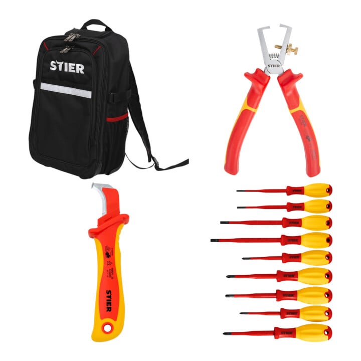 STIER Rucksack-Trolley für Werkzeuge + STIER Abisolierzange 160 mm VDE-geprüft + STIER Abmantelungsmesser 180 mm VDE-geprüft + STIER Schraubendreher-Satz slimVDE+ 9-teilig