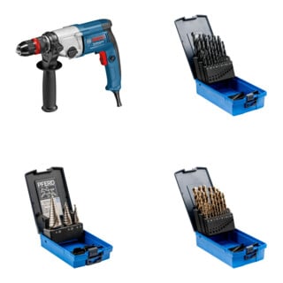 Set BOSCH Bohrmaschine GBM 13-2 RE + PFERD Stufenbohrer-Set HSS 3-tlg. + PFERD Spiralbohrer-Set 25-tlg. STEEL HSSG N DIN 338 universal + PFERD Spiralbohrer-Set 25-tlg. INOX HSSE N DIN 338