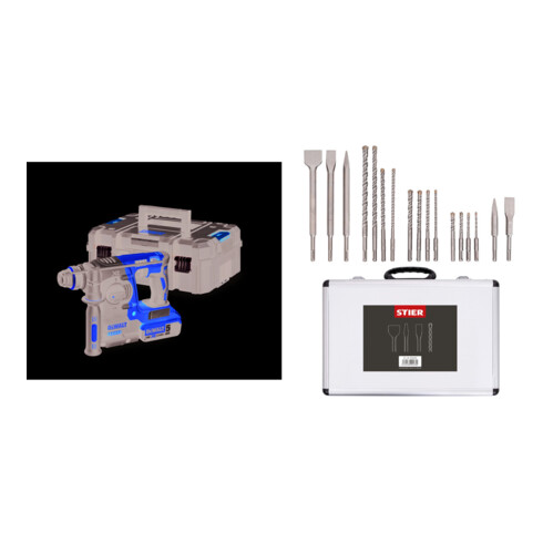 Set DeWalt Akku-Kombihammer, 18,0 Volt, 5,0 Ah Li-Ion + Stier SDS-Plus Bohrer & Meißelsatz, 17-teilig