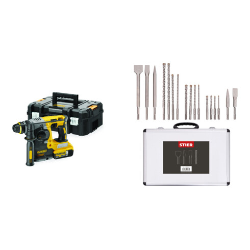 Set DeWalt Akku-Kombihammer, 18,0 Volt, 5,0 Ah Li-Ion + Stier SDS-Plus Bohrer & Meißelsatz, 17-teilig