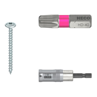 Set Heco HECO-TOPIX-plus 10,0 x 80, Tellerkopf, T-Drive, VG, A2K + Bits, HECO-Drive, HD-40, Farbring: pink + MagicFlip Magnetbithalter