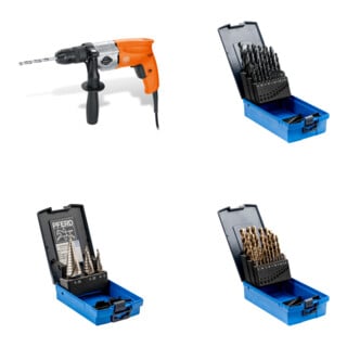 Set Fein Zweigang-Bohrmaschine bis 13 mm BOP 13-2/550 W + PFERD TOOLS Stufenbohrer-Set HSS 3-tlg. + PFERD TOOLS Spiralbohrer-Set 25-tlg. STEEL HSSG N DIN 338 universal + PFERD TOOLS Spiralbohrer-Set 25-tlg. INOX HSSE N DIN 338 für zähe und harte Werkstoff