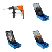 Set Fein Zweigang-Bohrmaschine bis 13 mm BOP 13-2/550 W + PFERD TOOLS Stufenbohrer-Set HSS 3-tlg. + PFERD TOOLS Spiralbohrer-Set 25-tlg. STEEL HSSG N DIN 338 universal + PFERD TOOLS Spiralbohrer-Set 25-tlg. INOX HSSE N DIN 338 für zähe und harte Werkstoff