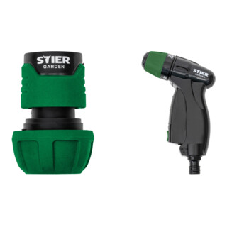 Set STIER Schlauchverbinder Wasserstop 16-19mm (5/8-3/4 Zoll) + verstellbare Gartenspritze Premium