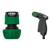 Set STIER Schlauchverbinder Wasserstop 16-19mm (5/8-3/4 Zoll) + verstellbare Gartenspritze Premium