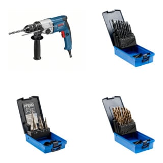 Set BOSCH Bohrmaschine GBM 13-2 RE + PFERD TOOLS Stufenbohrer-Set HSS 3-tlg. + PFERD TOOLS Spiralbohrer-Set 25-tlg. STEEL HSSG N DIN 338 universal + PFERD TOOLS Spiralbohrer-Set 25-tlg. INOX HSSE N DIN 338
