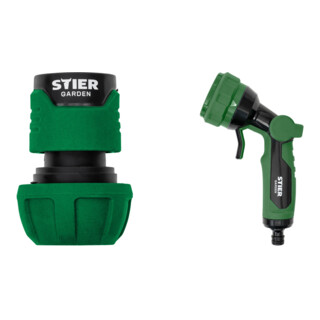 Set STIER Schlauchverbinder Wasserstop 16-19mm (5/8-3/4 Zoll) + Ergoplus Brause Multi-Jet
