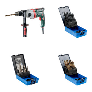 Set Metabo Bohrmaschine BEV 1300-2 Karton + PFERD TOOLS Stufenbohrer-Set HSS 3-tlg. + PFERD TOOLS Spiralbohrer-Set 25-tlg. STEEL HSSG N DIN 338 universal + PFERD TOOLS Spiralbohrer-Set 25-tlg. INOX HSSE N DIN 338 für zähe und harte Werkstoffe