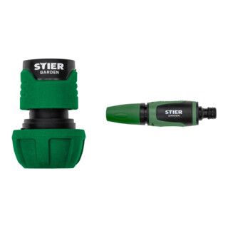 Set STIER Schlauchverbinder Wasserstop 16-19mm (5/8-3/4 Zoll) + Spritzdüse Wasserspritze