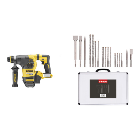 Set DeWalt Akku-Kombihammer SDS-plus 54V Basisversion DCH333NT-XJ + Stier SDS-Plus Bohrer & Meißelsatz, 17-teilig