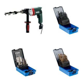 Set Metabo 60058000 Bohrmaschine BE 75-16 + PFERD Stufenbohrer-Set HSS 3-tlg. + PFERD Spiralbohrer-Set 25-tlg. STEEL HSSG N DIN 338 universal + PFERD Spiralbohrer-Set 25-tlg. INOX HSSE N DIN 338 für zähe und harte Werkstoffe