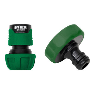 Set STIER Schlauchverbinder Wasserstop 16-19mm (5/8-3/4 Zoll) + Hahnverbinder 33,3mm G1 Zoll